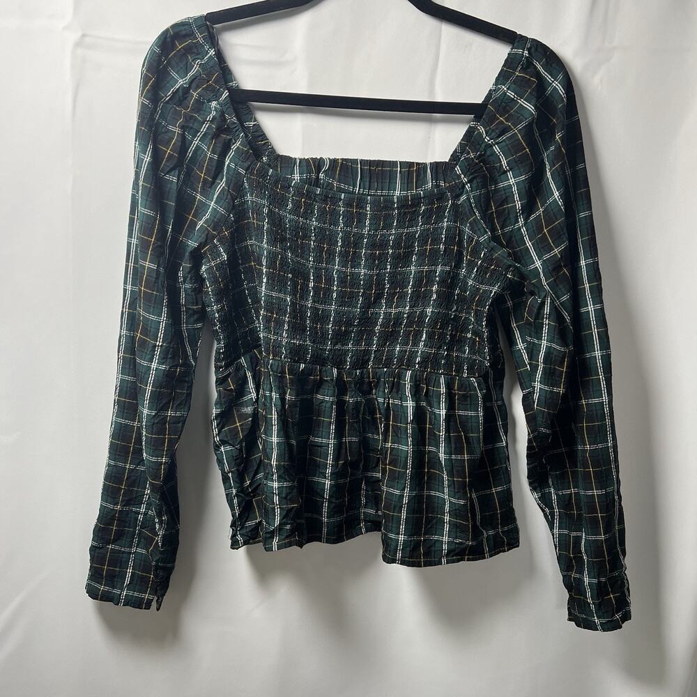 Old Navy Womens Lg Green Tartan Plaid Ruffle Top Long Sleeve Tunic Blouse Top